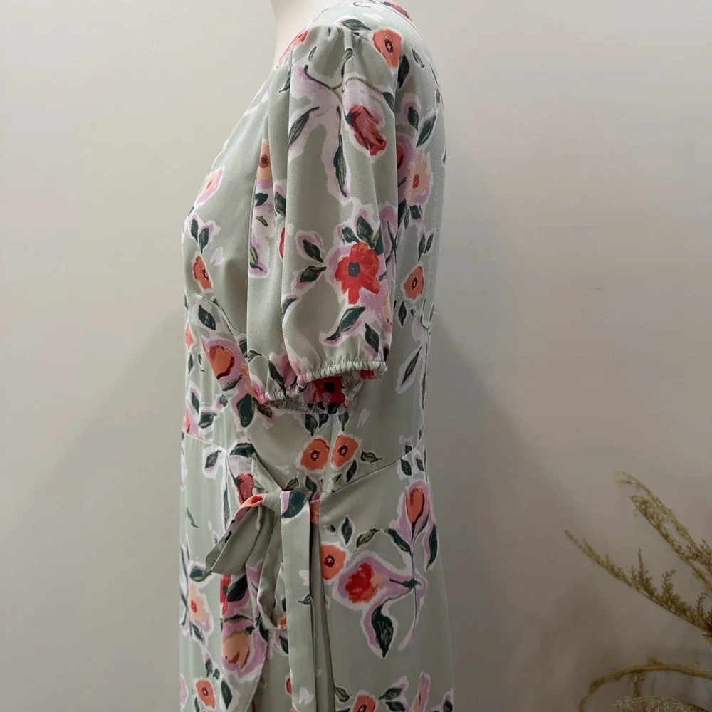 LC Lauren Conrad Size Large Sage Green Floral Faux-Wrap Midi Dress Cottagecore - Picture 8 of 15